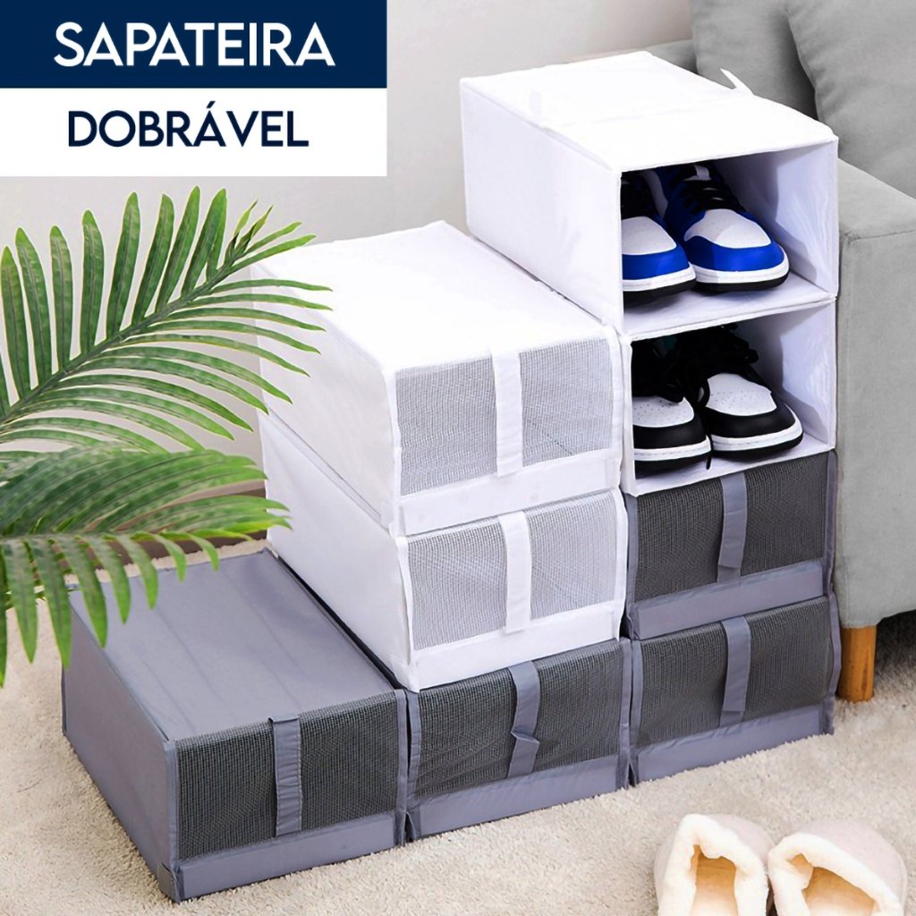 01 Caixa de Sapata Dobrável Sapateira Empilhável Organizador de Calçados Tampa Flip
